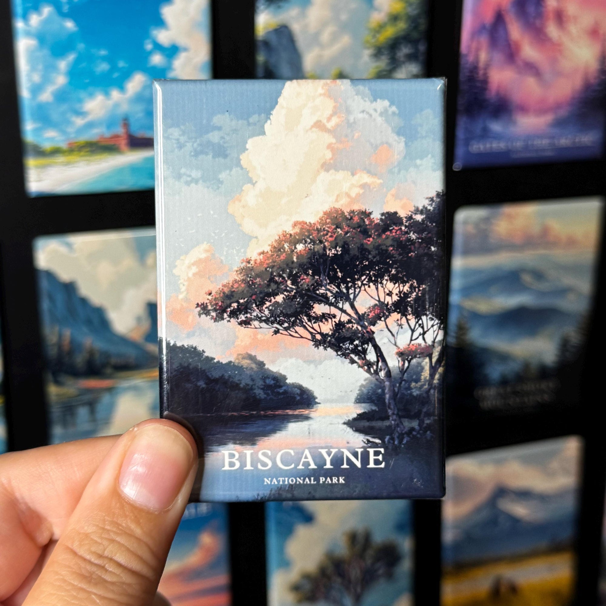 A hand holding a magnet with a landscape scene depicting a tree and a body of water, with the text "BISCAYNE NATIONAL PARK" visible.