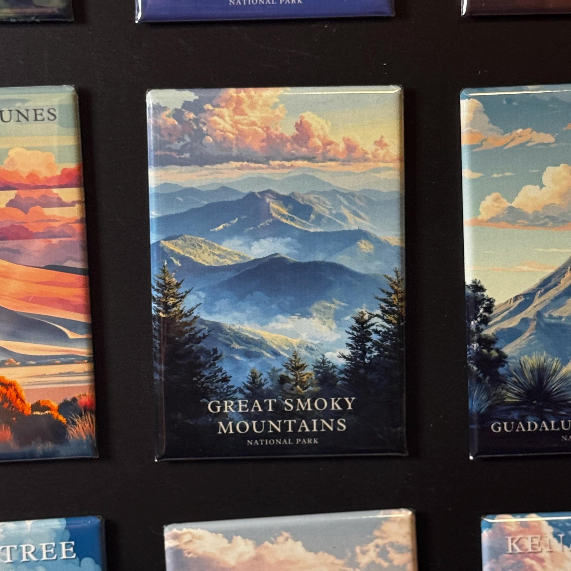 a collection of magnets depicting various scenic landscapes, including mountains, forests, and other natural elements. The magnets are arranged in a grid-like pattern, showcasing the beauty of these landscapes.