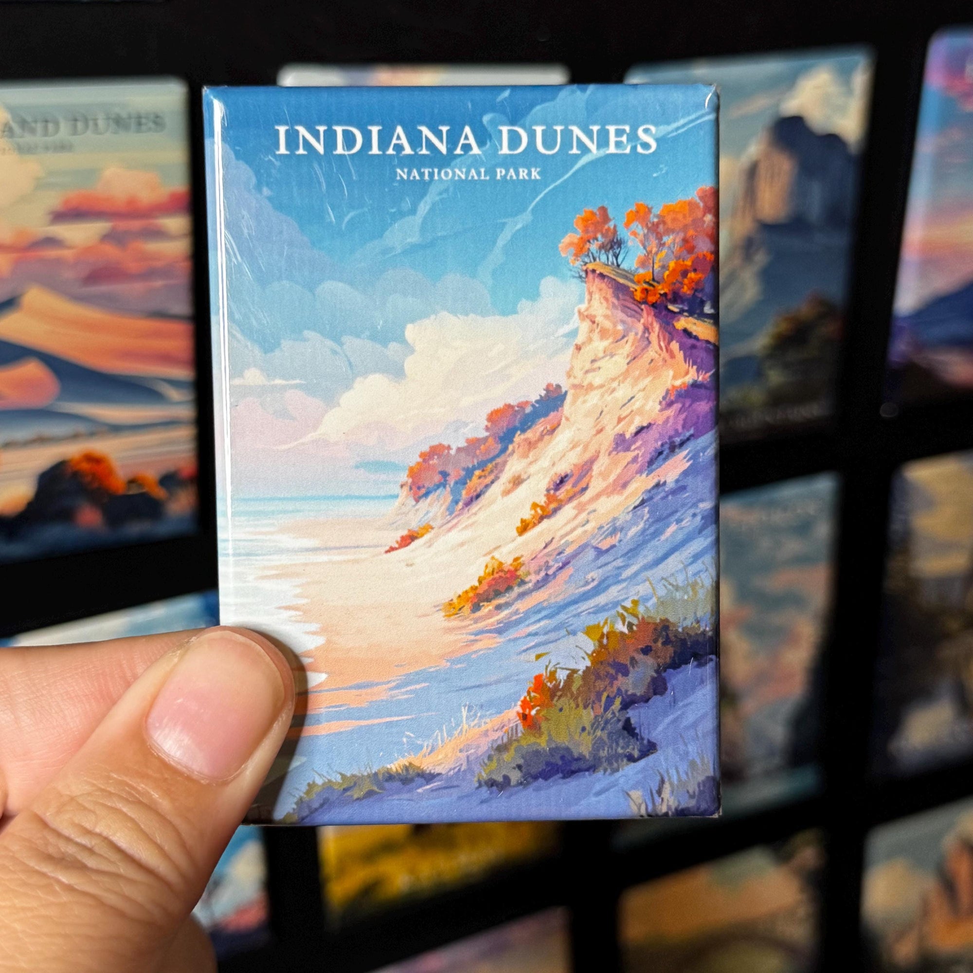 A hand holding a magnet with an illustration of a scenic landscape, specifically the Indiana Dunes National Park.