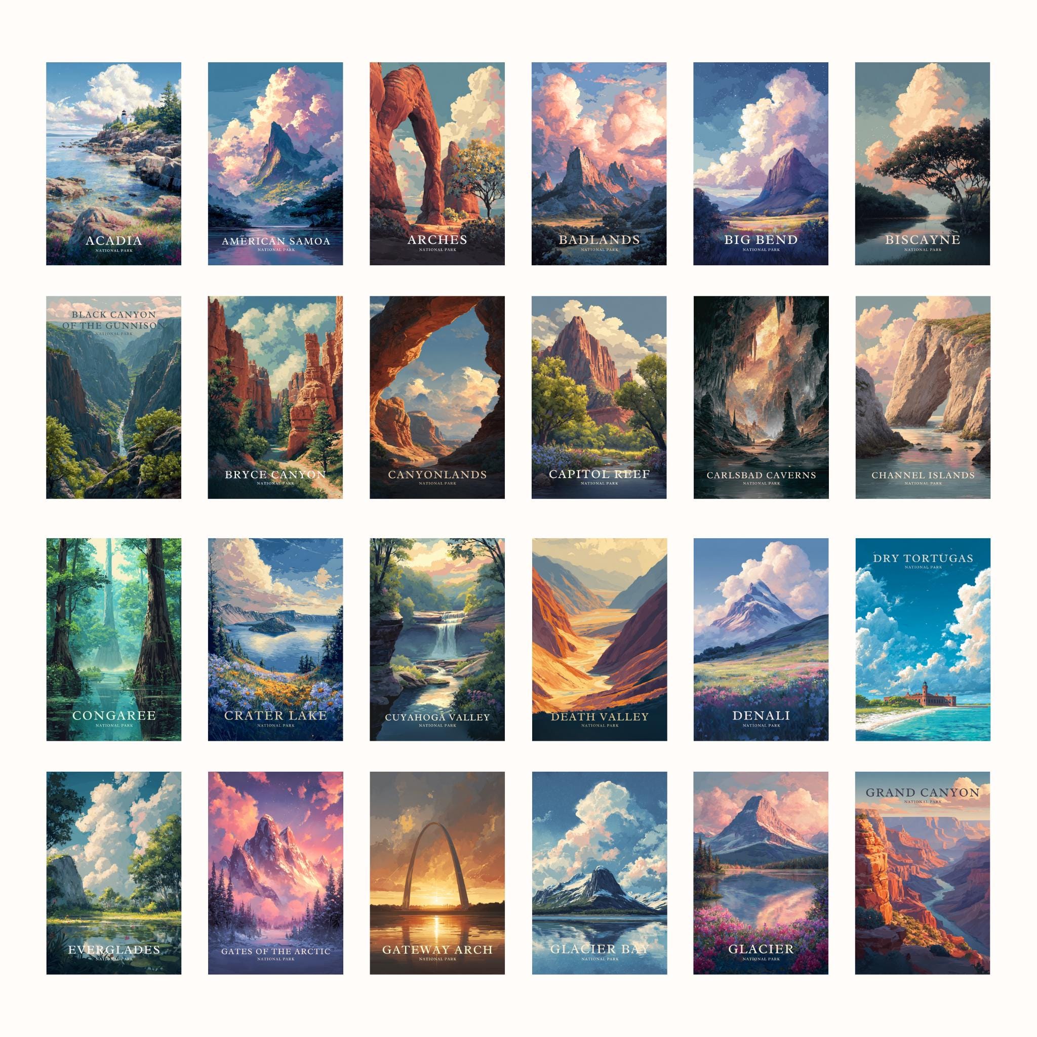 a collection of 16 landscape paintings or illustrations, each depicting a different natural scene, such as mountains, valleys, forests, and bodies of water. The artworks showcase a variety of colors, styles, and perspectives, creating a diverse and visually engaging collection.