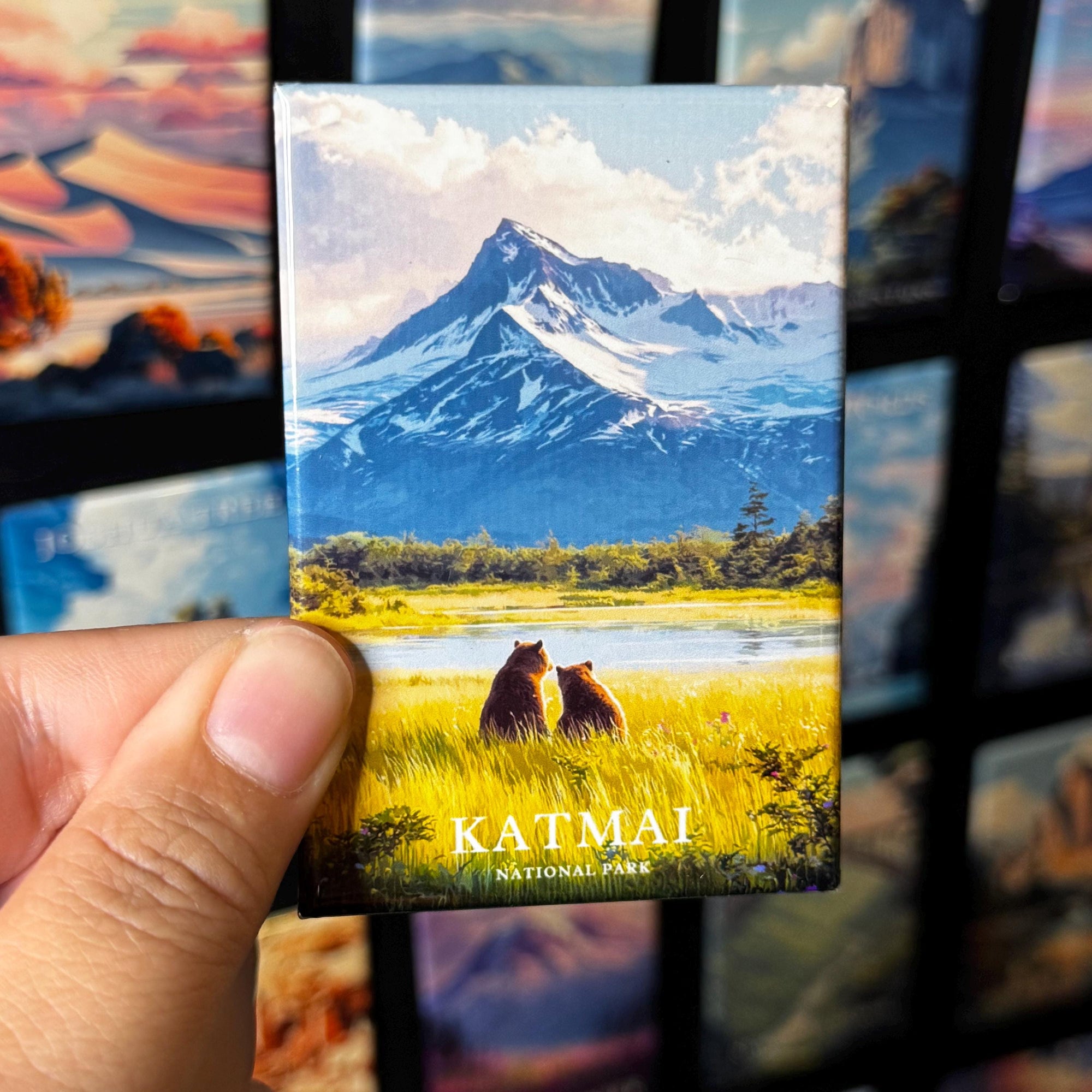 A hand holding a magnet with a picture of a mountain landscape and two bears in the foreground.