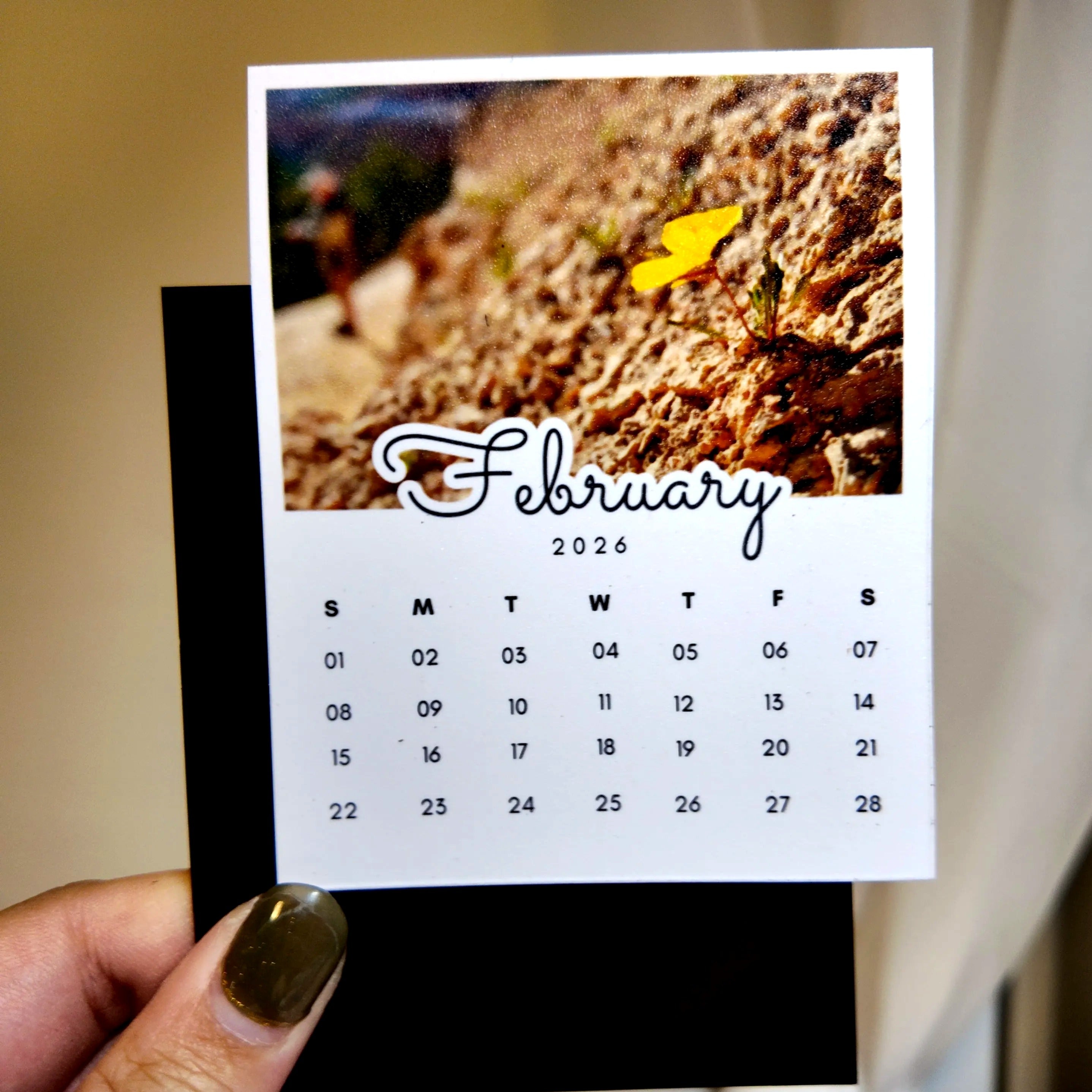 A person's hand holding a calendar page with a photo of a yellow flower on the cover.