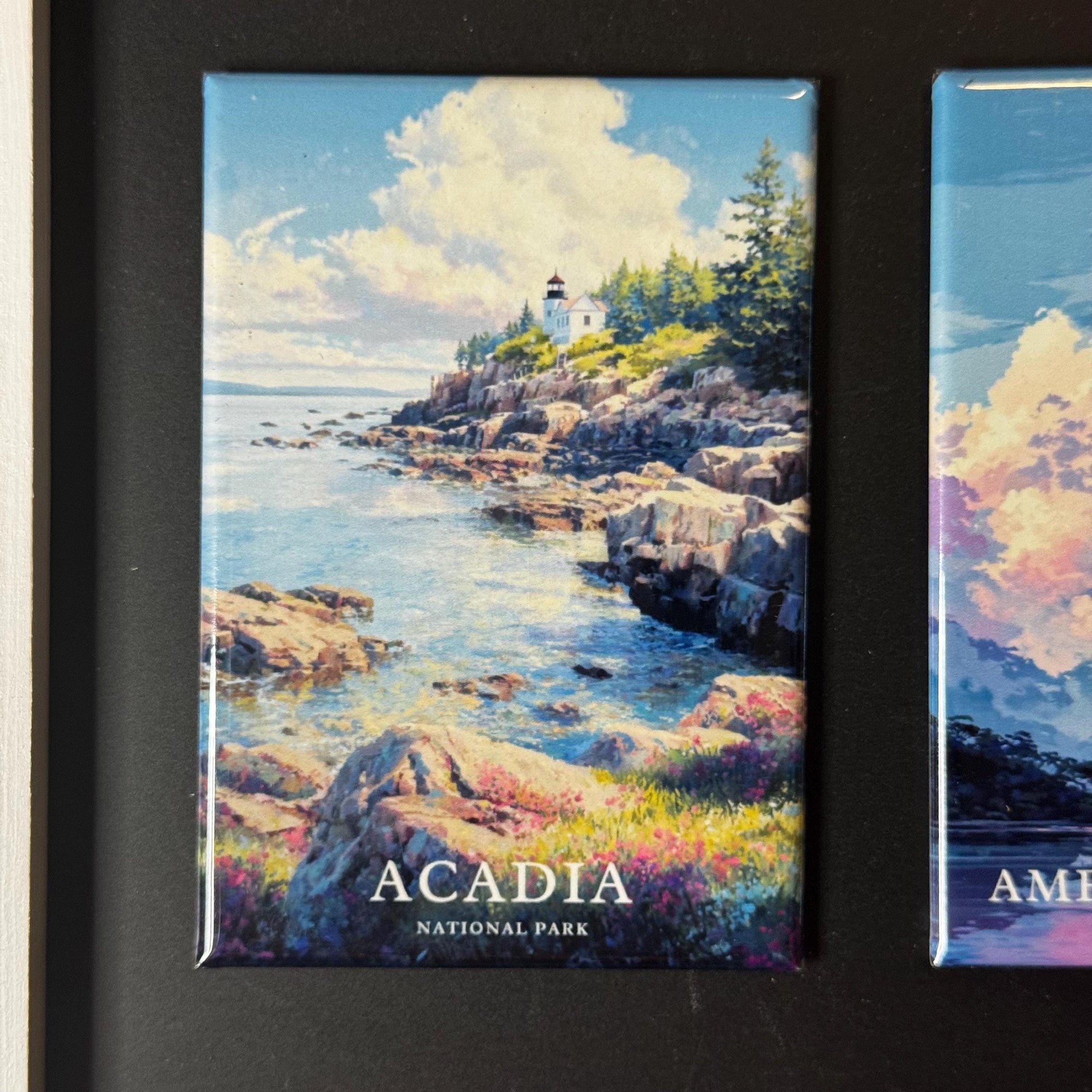 A framed collage of two pictures depicting scenic landscapes in Acadia National Park, Maine.