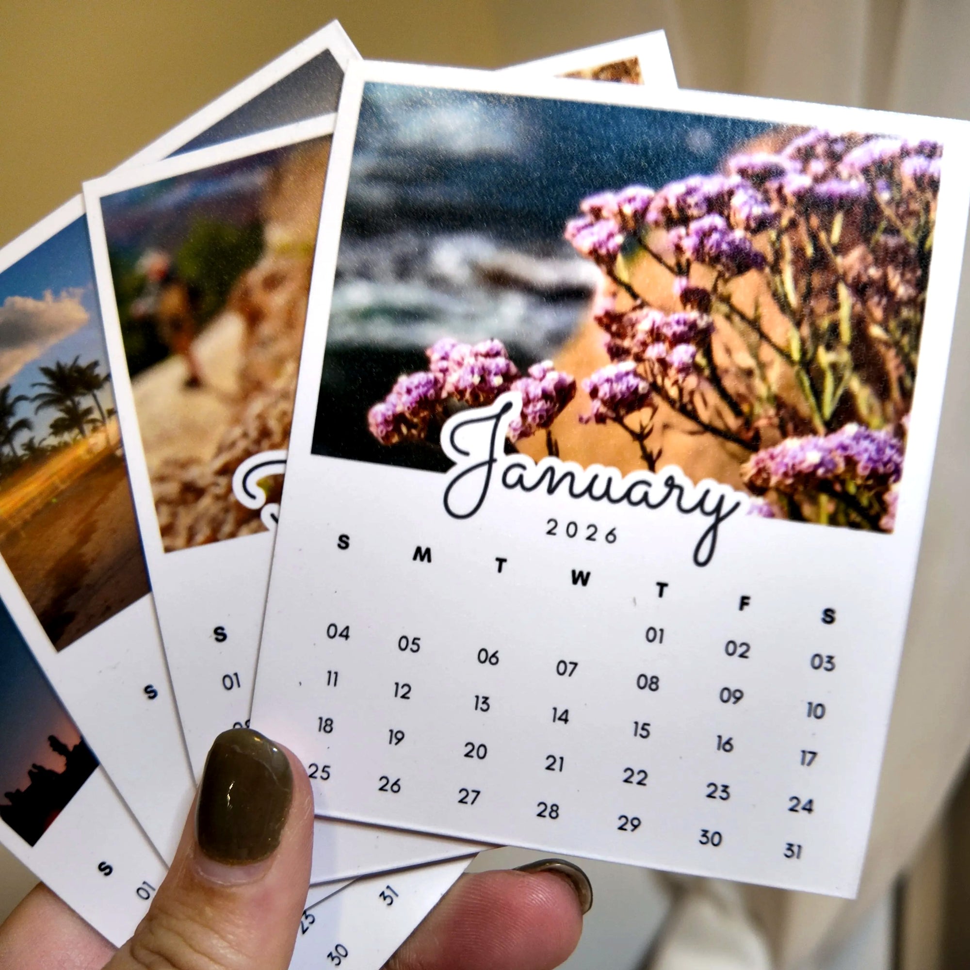 A person's hand holding a small calendar with a photo of a flower on the cover.